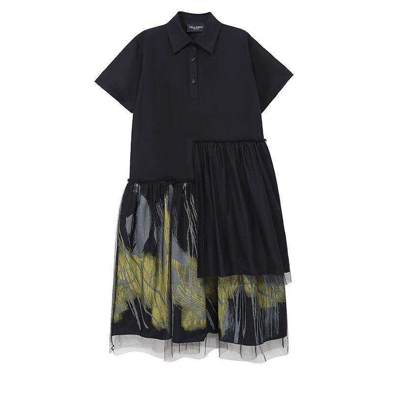 Painted Style Women Black Long Shirt Casual Dress