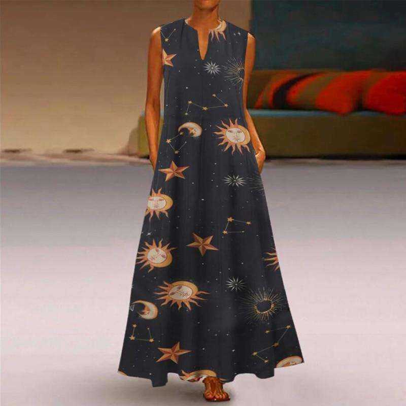 Casual Floral Printed Maxi Long Vintage Sleeveless Women Dress