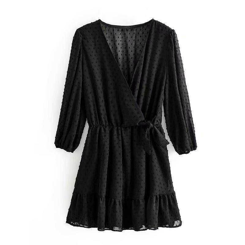 Women Three Quarter Sleeve Ruffles Lace Mini Chiffon Dress