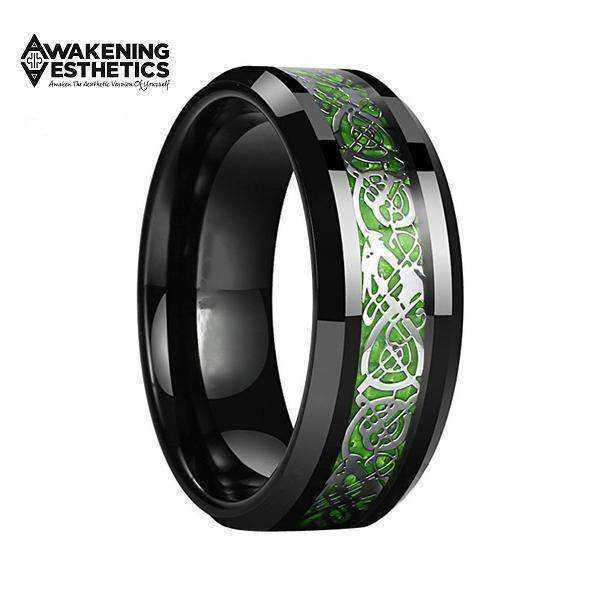 Jewelry - Green Carbon Fiber Silver Dragon Inlay Tungsten Carbide