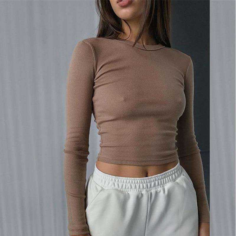 O Neck Ribbed Long Sleeve Tees Shirt Sexy Cropped Women