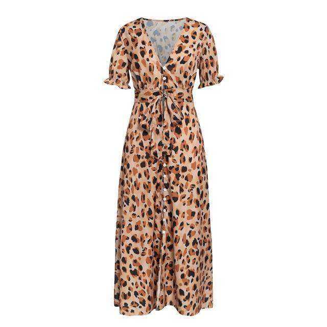 Leopard Dress Sleeveless Ruffled High Waist V Neck For Women