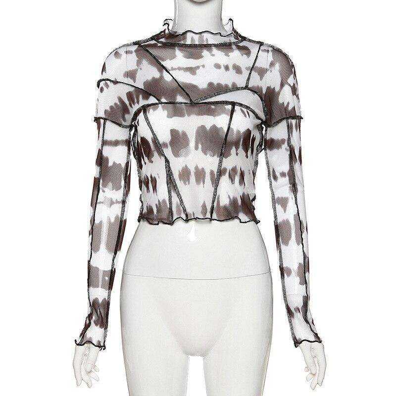 Women Turtleneck Long Sleeve Mesh Transparent Top Sexy Patchwork T Shirt