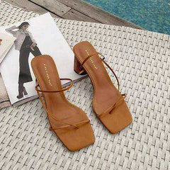Wood Vintage Square Toe Narrow Band Women High Heel Sandals