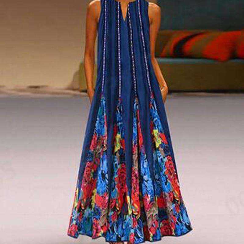 Casual Floral Printed Maxi Long Vintage Sleeveless Women Dress