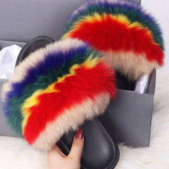 2020 Fox Raccoon Fur Slippers Lady Retro Flip Flops Summer