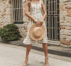 Women Striped Button Beach Casual Summer Dress