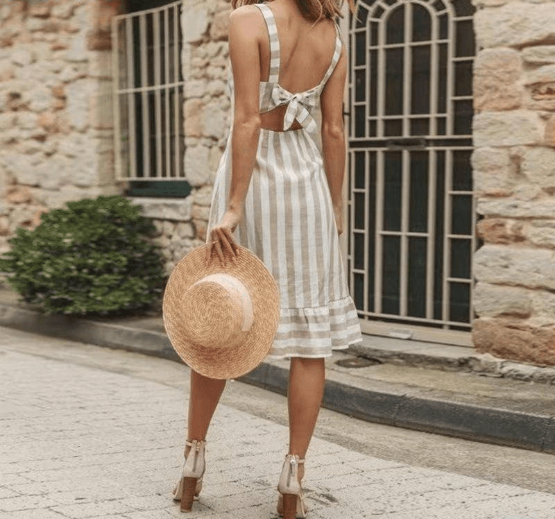 Women Striped Button Beach Casual Summer Dress