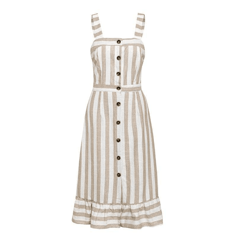 Women Striped Button Beach Casual Summer Dress