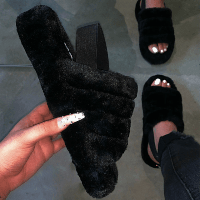 New Women's Indoor Fur Slides Bottom Anti Slip Furry Slippers