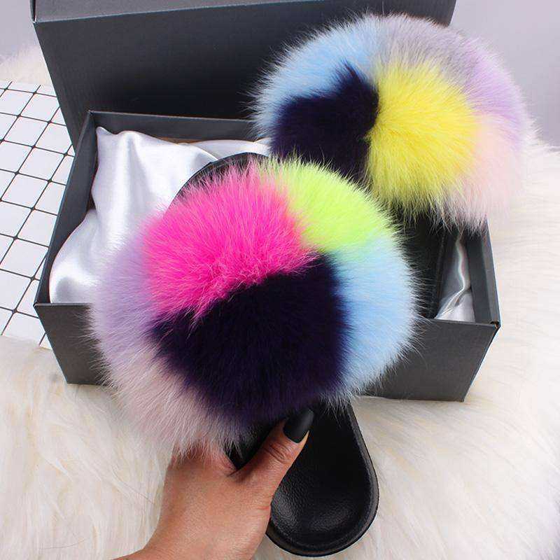 2020 Fox Raccoon Fur Slippers Lady Retro Flip Flops Summer