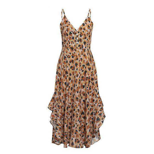 Leopard Dress Sleeveless Ruffled High Waist V Neck For Women