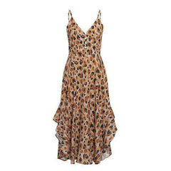 Leopard Dress Sleeveless Ruffled High Waist V Neck For Women