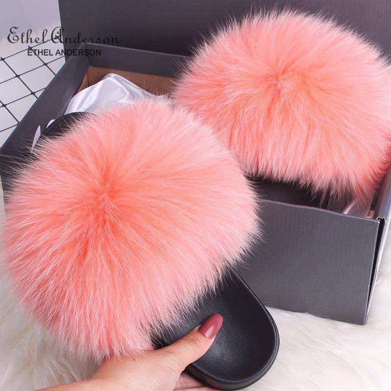 2020 Fox Raccoon Fur Slippers Lady Retro Flip Flops Summer