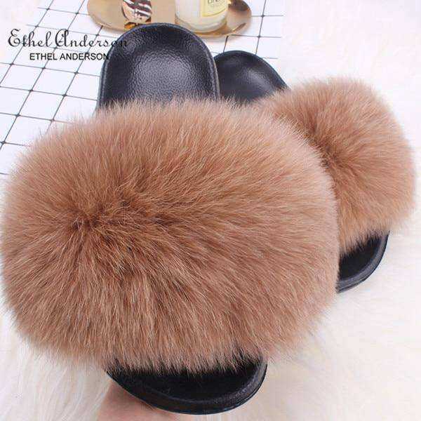 2020 Fox Raccoon Fur Slippers Lady Retro Flip Flops Summer