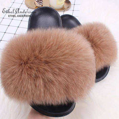 2020 Fox Raccoon Fur Slippers Lady Retro Flip Flops Summer