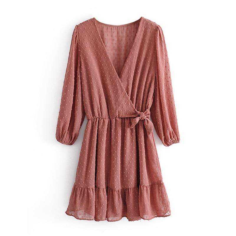 Women Three Quarter Sleeve Ruffles Lace Mini Chiffon Dress