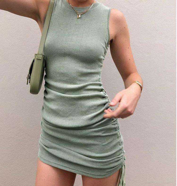 Women Cotton Ruched Drawstring Party Sleeveless Elastic Mini Dress - AWAKENING AESTHETICS
