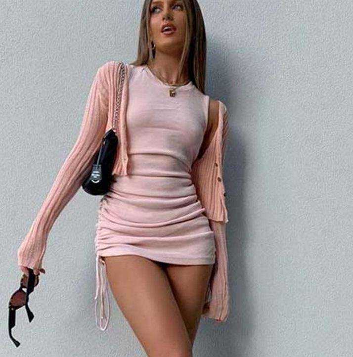Women Cotton Ruched Drawstring Party Sleeveless Elastic Mini Dress - AWAKENING AESTHETICS