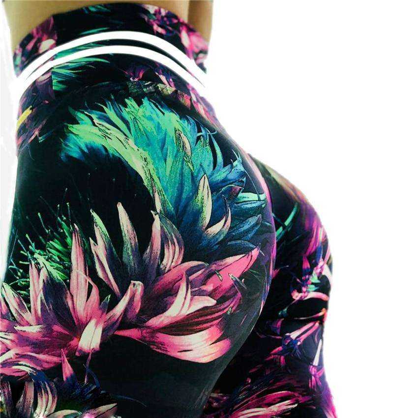 Women Fashion Fitness High Elastic High Waist Green leaf print branch Leggings - AWAKENING AESTHETICS