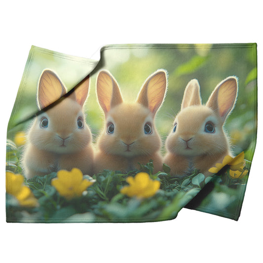 Bunny Family Resting in Green Grass with Yellow Flowers – A Faith-Inspired Fleece Sherpa Blanket Celebrating Love, Unity, and God’s Creation