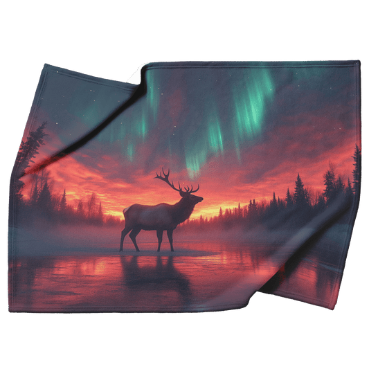 Lone Elk Standing on a Glowing Frozen Lake Beneath the Aurora Borealis – A Faith-Inspired Fleece Sherpa Blanket of Strength and Divine Light