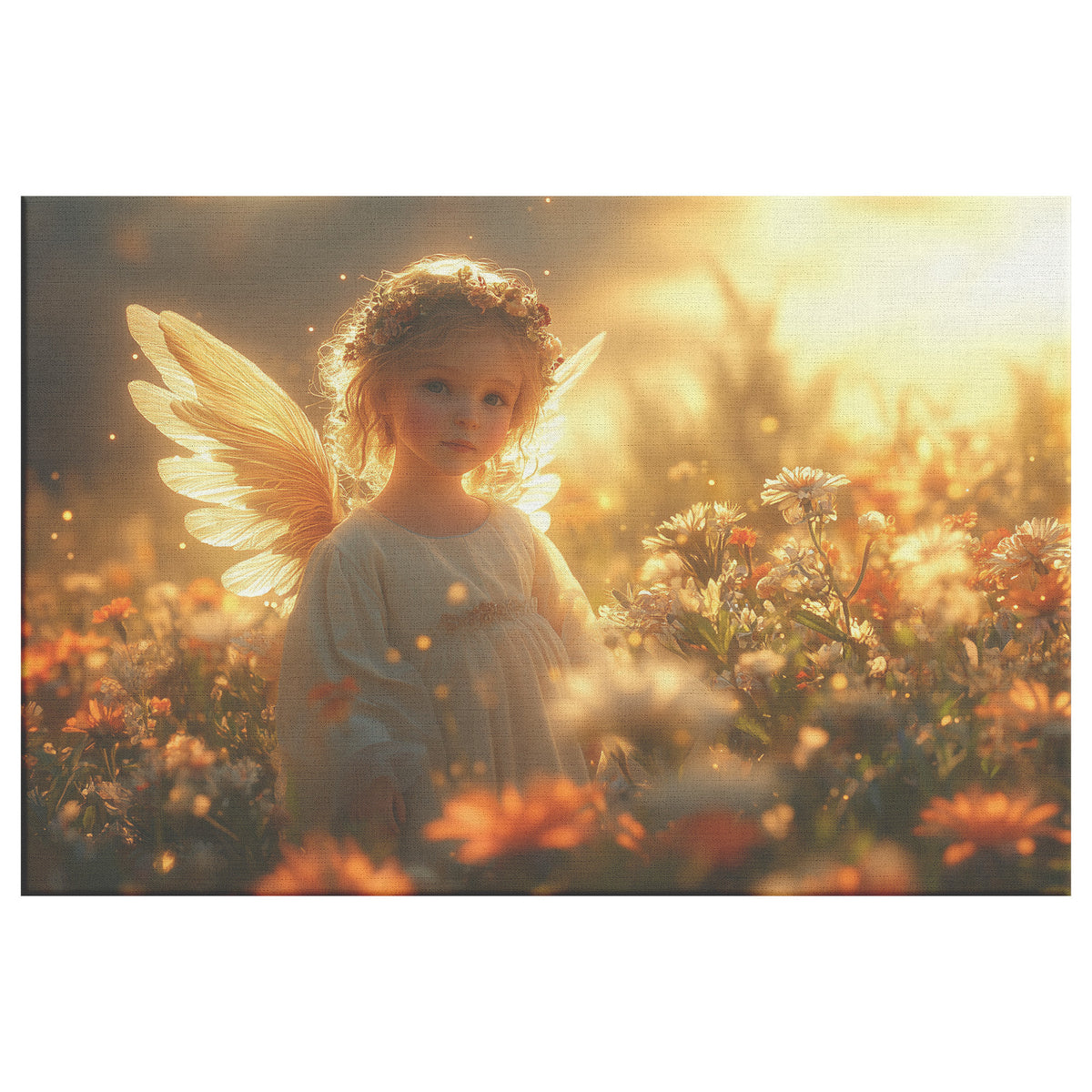 A Beautiful Angel in a Golden Sunlit Flower Field  Divine Grace Serene Joy Heavenly Presence Christian Canvas Art Magical Atmosphere Vibrant Wildflowers Radiant Peace - Awakening Righteousness