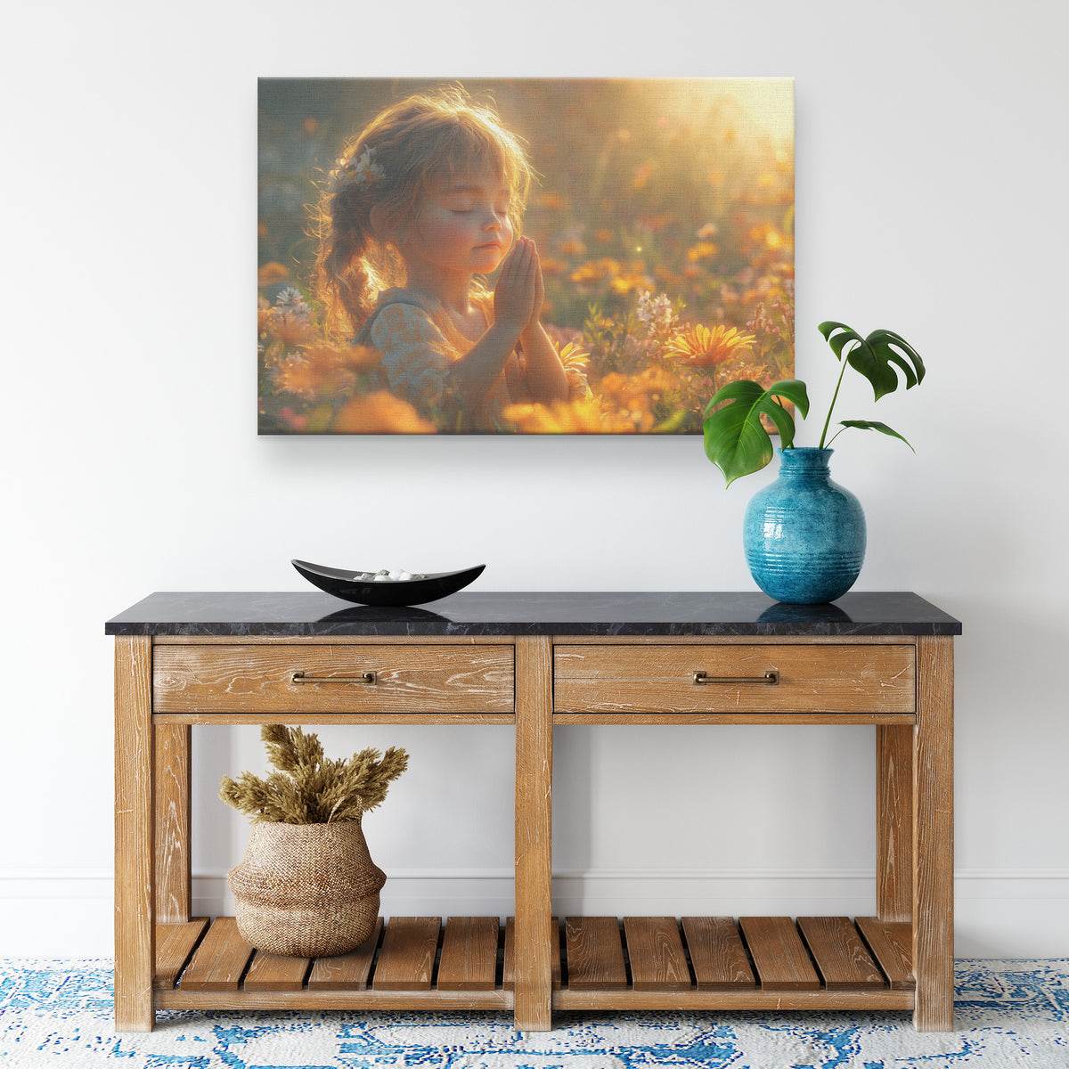A Cute Little Girl Praying Among Vibrant Flowers During Golden Hour Surrounded Warm Sunlight and Serenity Radiating Faith and Beauty for Inspiring Christian Canvas Art - Awakening Righteousness