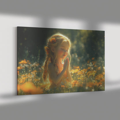 A Young Blonde Girl in an Orange Dress Praying Amidst Blooming Flowers in a Sunlit Meadow Radiating Peace and Harmony for Inspiring Christian Canvas Art - Awakening Righteousness