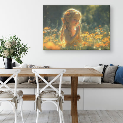 A Young Blonde Girl in an Orange Dress Praying Amidst Blooming Flowers in a Sunlit Meadow Radiating Peace and Harmony for Inspiring Christian Canvas Art - Awakening Righteousness