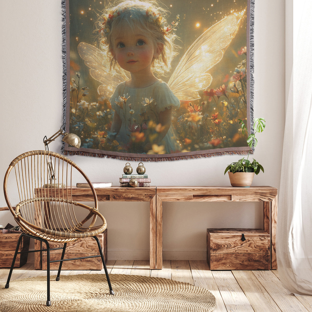 Adorable Angelic Girl with Shimmering Fairy Wings in a Vibrant Flower Field  Inspirational Christian Woven Throw Blanket - Awakening Righteousness