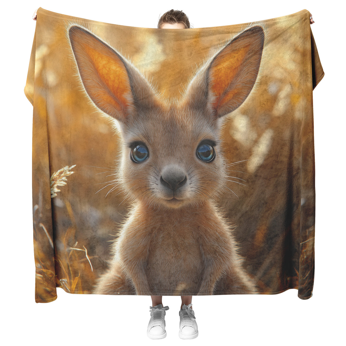 Adorable Baby Kangaroo with Big Blue Eyes Sitting in Golden Grass Cozy Fleece and Sherpa Blanket - Awakening Righteousness