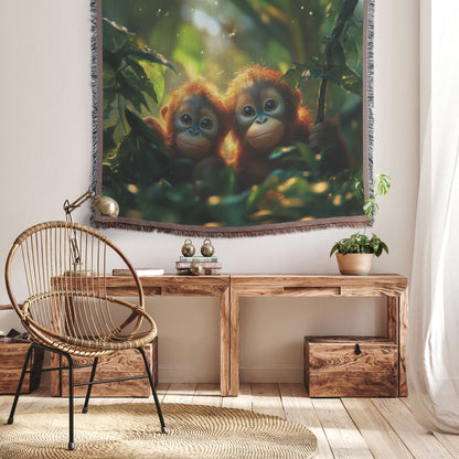 Adorable Baby Orangutans in Lush Jungle with Sunlight Glow Woven Throw Blanket  Joyful Playful Wildlife Decor for Living Room or Nursery - Awakening Righteousness