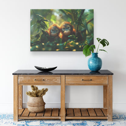 Adorable Baby Orangutans in the Jungle with Big Eyes and Sunlight Shining Through the Trees  Cute Wildlife Canvas Wall Art for Living Room Nursery or Home Decor - Awakening Righteousness