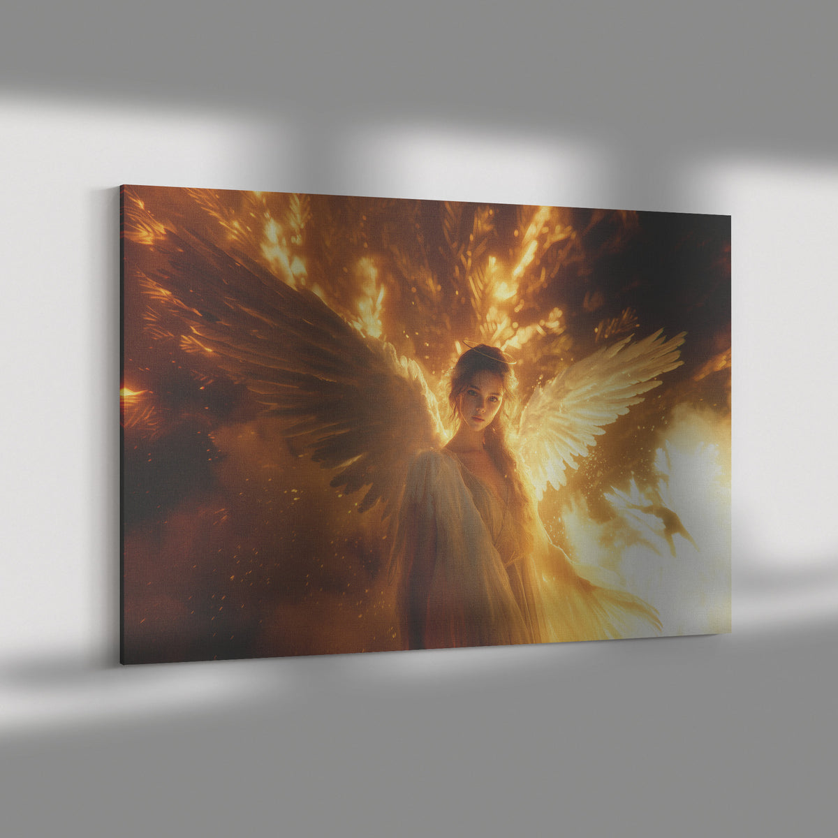 Angel with White Wings Surrounded Flames and Light Rays Glowing Golden Yellow Dress  Divine Christian Canvas Art Symbolizing Strength and Spiritual Power - Awakening Righteousness