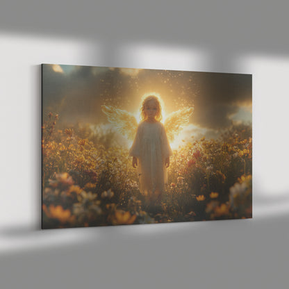 Angelic Young Girl Standing Amidst Beautiful Flowers with Golden Wings and Ethereal Glow  Radiant Light and Shining Rays Surrounding Her in a Dreamy Divine Atmosphere - Awakening Righteousness