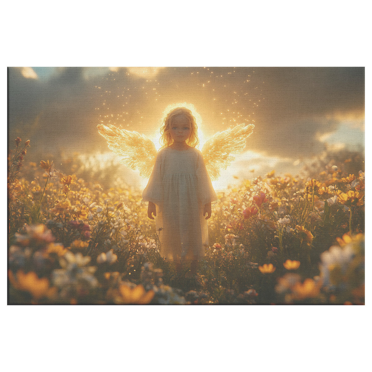 Angelic Young Girl Standing Amidst Beautiful Flowers with Golden Wings and Ethereal Glow  Radiant Light and Shining Rays Surrounding Her in a Dreamy Divine Atmosphere - Awakening Righteousness