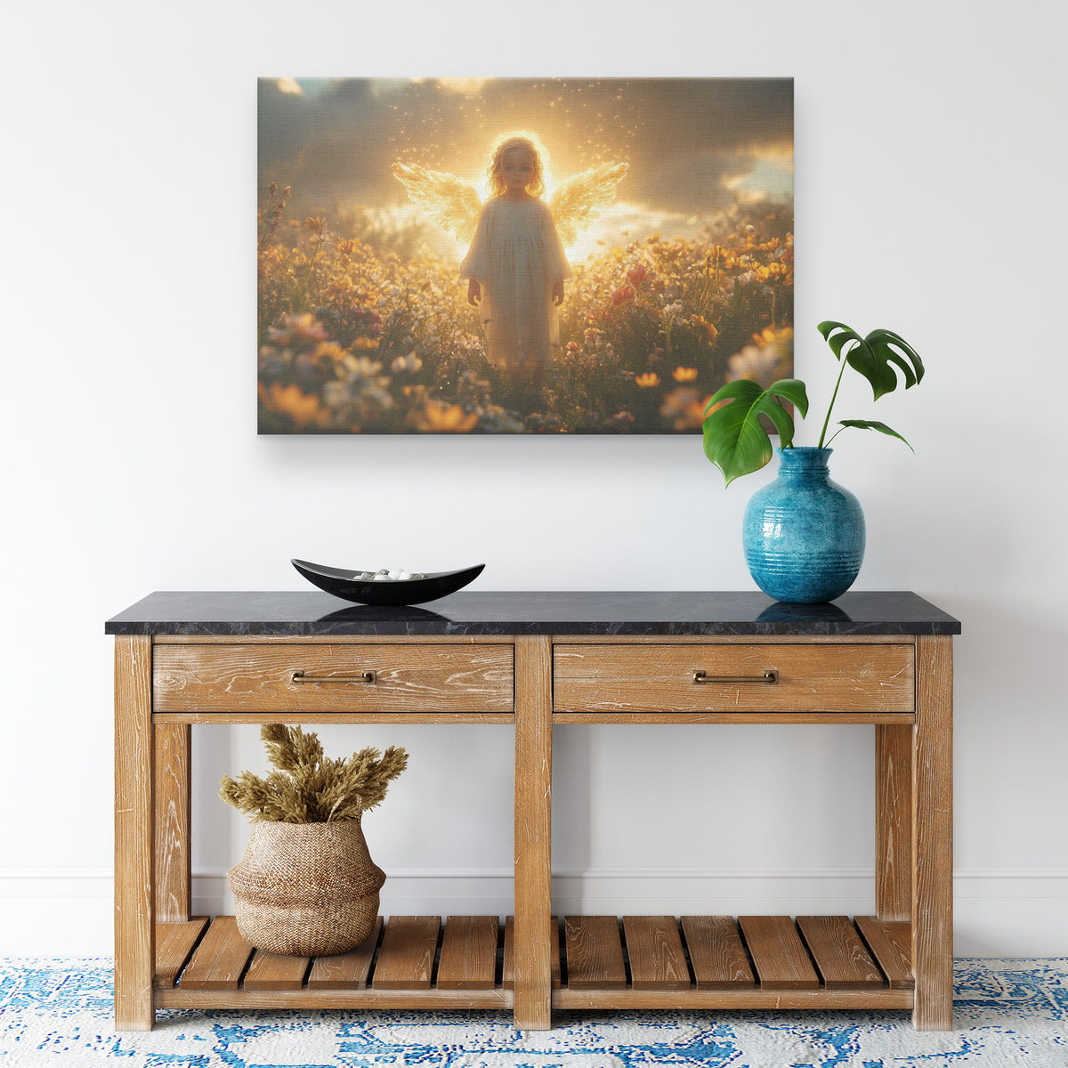 Angelic Young Girl Standing Amidst Beautiful Flowers with Golden Wings and Ethereal Glow  Radiant Light and Shining Rays Surrounding Her in a Dreamy Divine Atmosphere - Awakening Righteousness