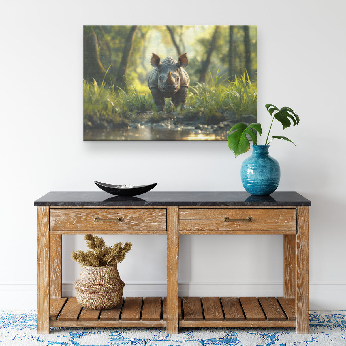BaRhinoceros Walking Through Grass Near Water Canvas Wall Art with Trees and Sunlight - Awakening Righteousness