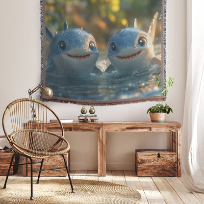 Baby Sharks Swimming in Blue Ocean Woven Throw Blanket - Awakening Righteousness