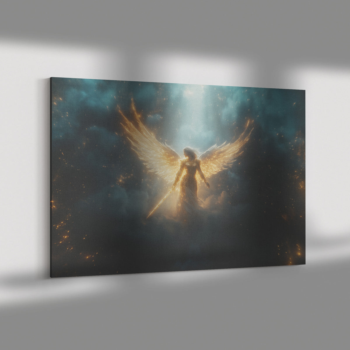 Beautiful Angel in Heaven with Golden Wings and Glowing Sword Surrounded Clouds and Light Rays  Divine Christian Canvas Art Symbolizing Protection Strength and Heavenly Power - Awakening Righteousness