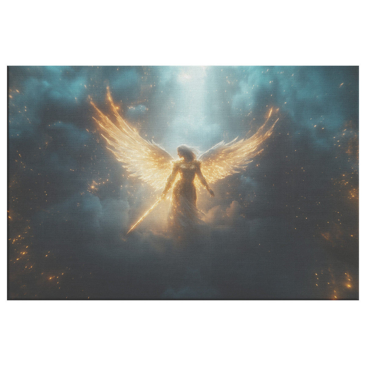 Beautiful Angel in Heaven with Golden Wings and Glowing Sword Surrounded Clouds and Light Rays  Divine Christian Canvas Art Symbolizing Protection Strength and Heavenly Power - Awakening Righteousness