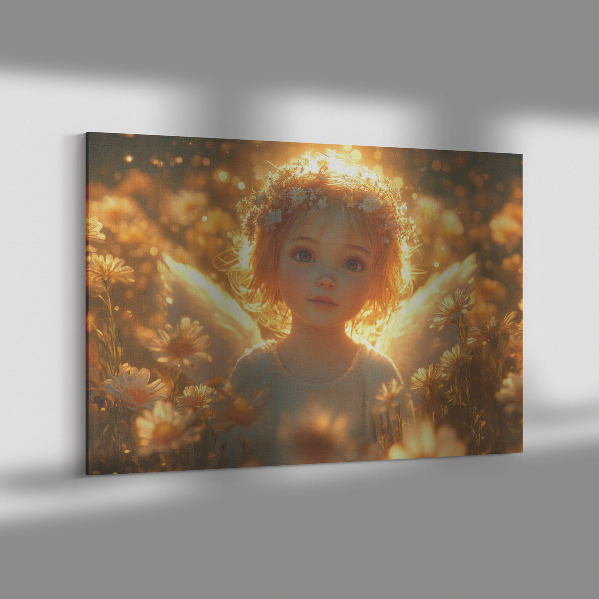 Beautiful Angelic Girl with Golden Wings in a Radiant Flower Field Bathed in Warm Sunshine and Glowing Flowers  Christian Canvas Art Capturing Divine Innocence and Heavenly Light - Awakening Righteousness