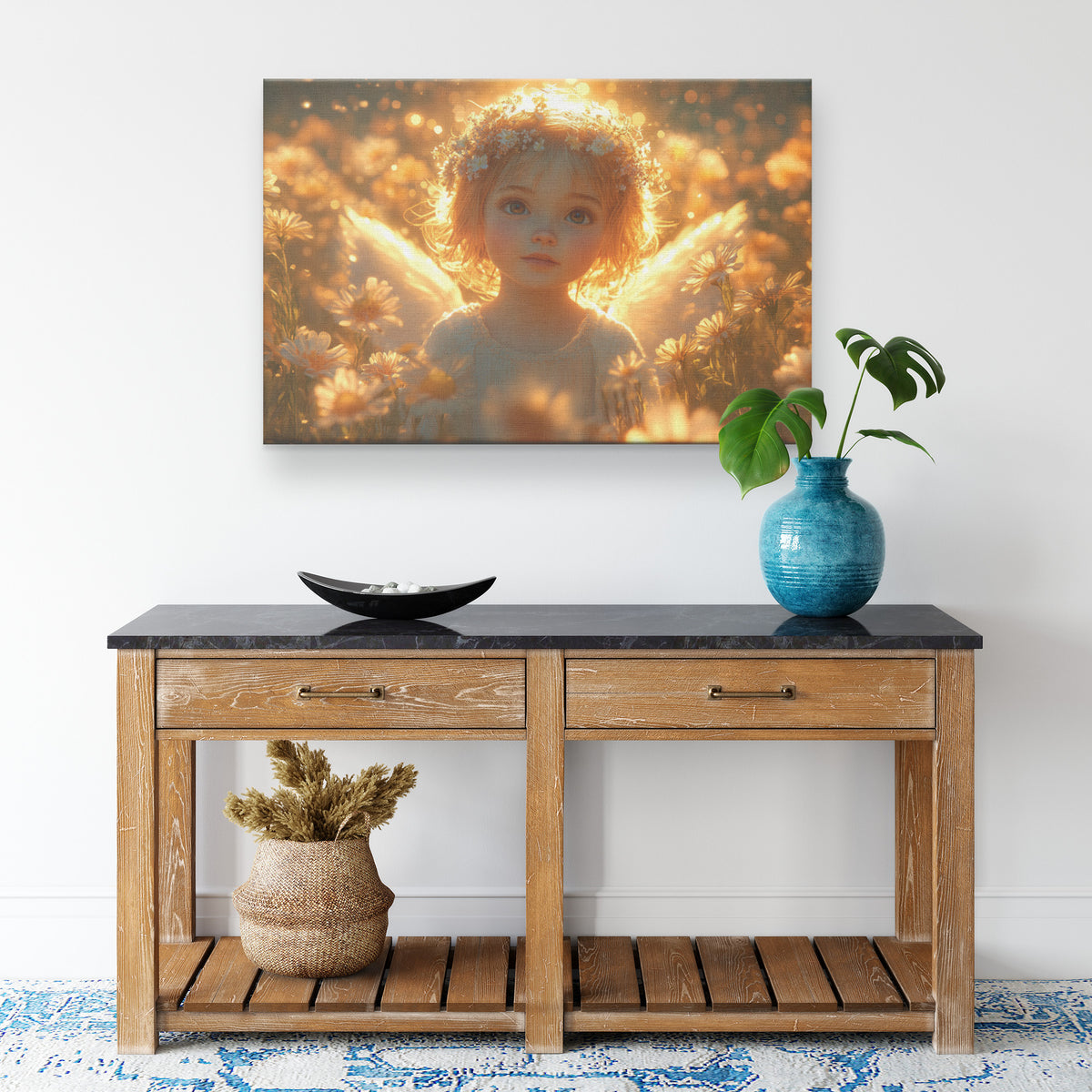 Beautiful Angelic Girl with Golden Wings in a Radiant Flower Field Bathed in Warm Sunshine and Glowing Flowers  Christian Canvas Art Capturing Divine Innocence and Heavenly Light - Awakening Righteousness