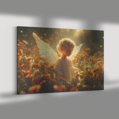 Beautiful Little Angel with Golden Wings in a Dreamy Flower-Filled Meadow Bathed in Warm Light  Christian Canvas Art for a Magical and Fantastical Atmosphere - Awakening Righteousness