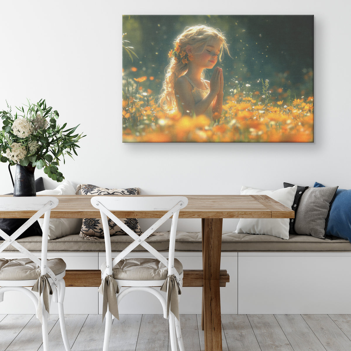 Beautiful Young Girl in Orange Dress Praying in Flower Field  Christian Canvas Art Serene Prayerful Moment Divine Peace Soft Sunlight Spiritual Tranquility Heavenly Atmosphere - Awakening Righteousness