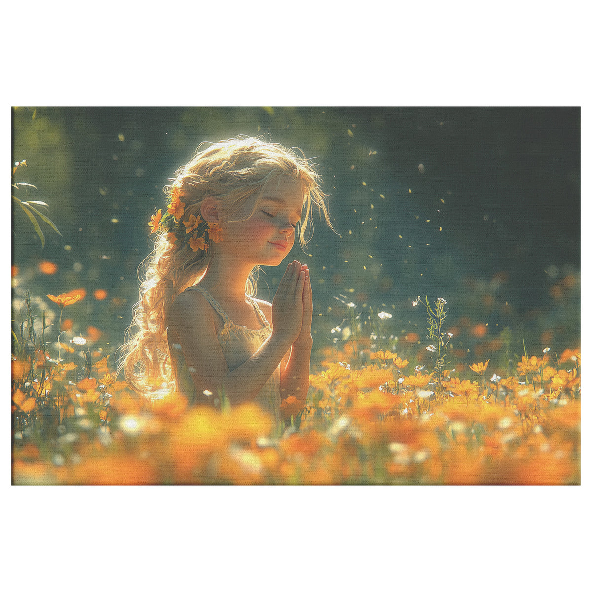 Beautiful Young Girl in Orange Dress Praying in Flower Field  Christian Canvas Art Serene Prayerful Moment Divine Peace Soft Sunlight Spiritual Tranquility Heavenly Atmosphere - Awakening Righteousness