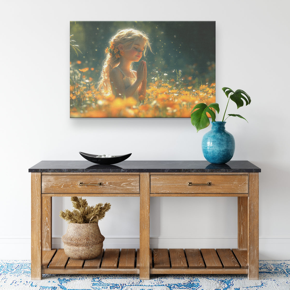 Beautiful Young Girl in Orange Dress Praying in Flower Field  Christian Canvas Art Serene Prayerful Moment Divine Peace Soft Sunlight Spiritual Tranquility Heavenly Atmosphere - Awakening Righteousness