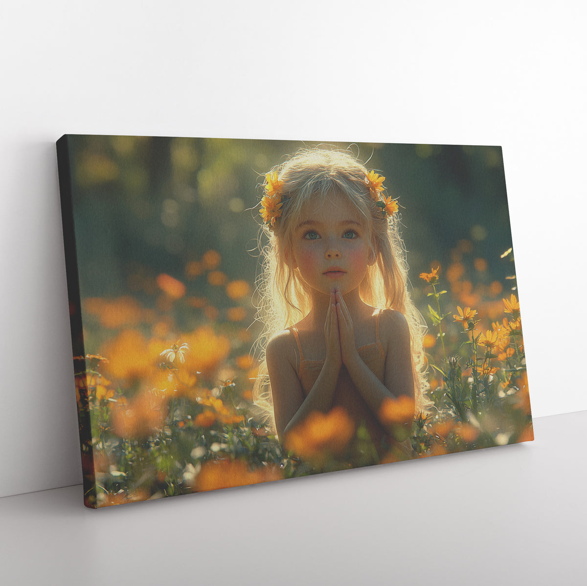 Beautiful Young Girl with Blonde Hair and Blue Eyes Praying in an Orange Flower Field Bathed in Sunlight  Uplifting Christian Canvas Art for Peace and Serenity - Awakening Righteousness