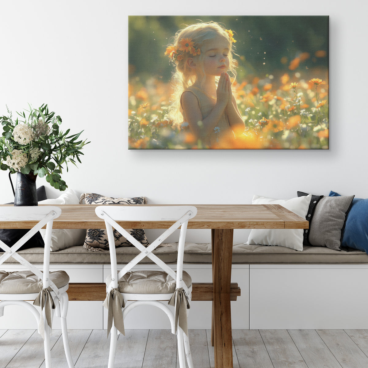 Blonde-Haired Little Girl with Floral Crown Praying Peacefully in a Sunlit Spring Meadow Surrounded Vibrant Flowers  Heartwarming Christian Canvas Art for Inspirational Decor - Awakening Righteousness